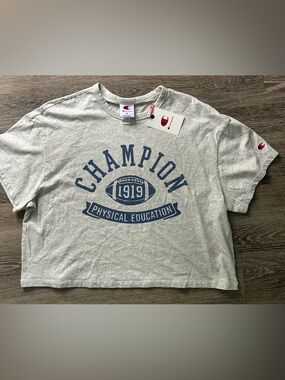 Champion Heather Gray Tee with Navy Blue Logo